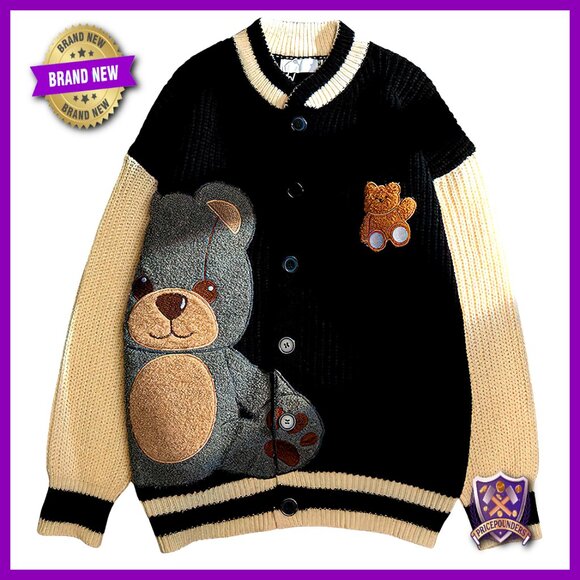 Loose Fit Cardigan Sweater with Bear Embroidery, Button Front, Long Sleeve - Picture 1 of 6